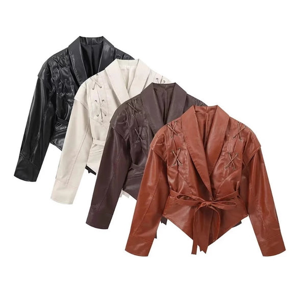 Chic Faux Leather Women's Jacket in Retro Style, Light Brown, Medium Thickness - Versatile & Fashionable Outerwear with 3D Pattern
