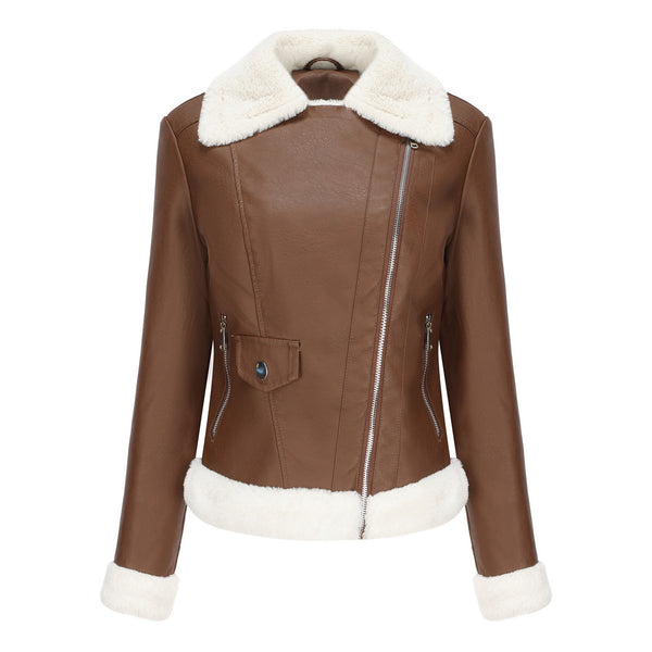Women's Elegant Fleece Leather Jacket with Fur Collar in Black - Winter Fashion, Large Sizes, European Style.