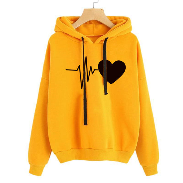 Chic Long-Sleeve Heart Print Hoodie for Women - Urban Hipster Style Streetwear with Heart Print Design