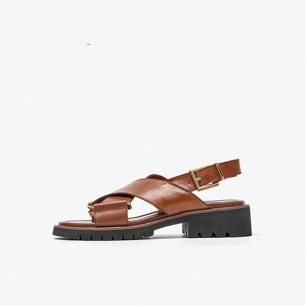 Classic Retro Chunky Heel Sandals in black and cocoa coffee for women, with comfy Microfiber leather insole.