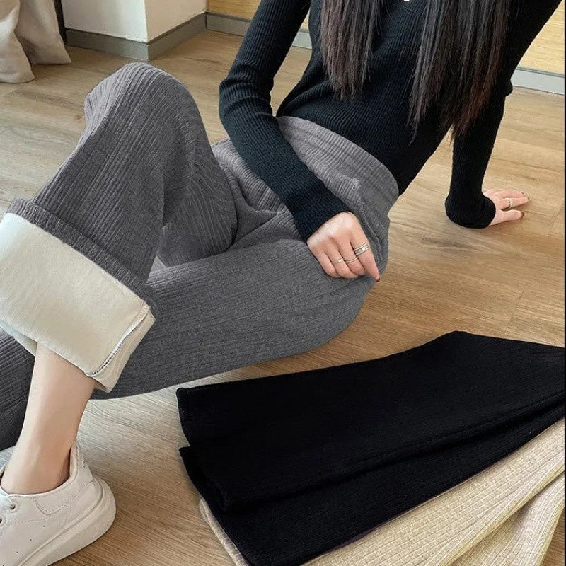 All-matching Straight Casual Fleece And Thick Slightly Flared Wide-leg Pants For Women