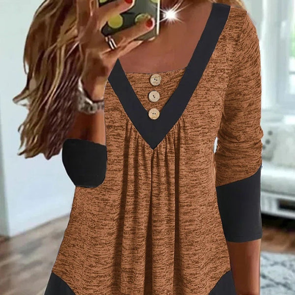 Chic V-Neck Long Sleeve Pullover with Digital Print, Trendy Street Style Top in Contrast Colors