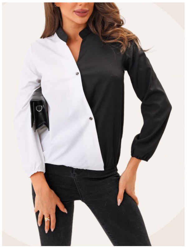 Chic Women's Business Casual Shirt, White, Pullover Style, Contrast Color Design, Polyester, Sizes S-XXL