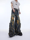 Vintage-Style Distressed Straight-Leg Jeans with Tassel Detail in Black and Blue.
