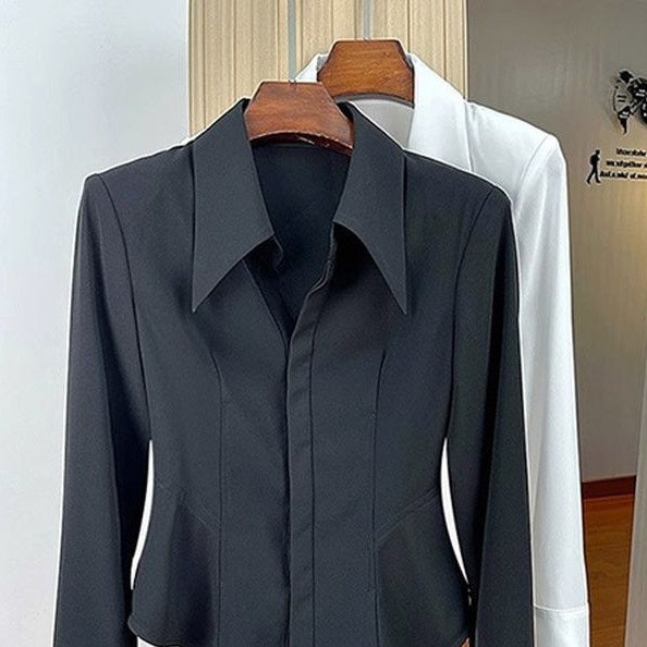 French Waist Slim Fit Blouse in Black, Long Sleeve Office Shirt for Women Workwear
