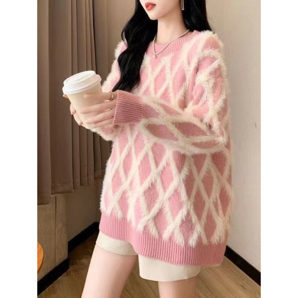 Women's Lazy Sweater by Design Sense, Pink or Yellow, Long Sleeve, Comfortable Acrylic, Plus Size Options