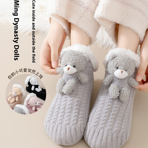 Women's Winter Cartoon Lambswool Socks in Pink, Black, Gray & Khaki