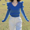 Cozy Atmosphere Ruffled Collar Sweater in Klein Blue with flying sleeves and urban chic style. Suitable for sizes Small to 2XL.