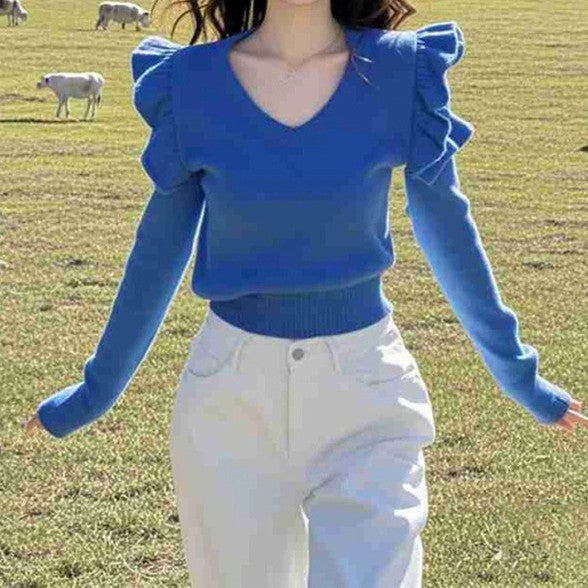 Cozy Atmosphere Ruffled Collar Sweater in Klein Blue with flying sleeves and urban chic style. Suitable for sizes Small to 2XL.