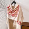 Elegant Embroidered Cashmere Scarf with Floral Design in White and Gray
