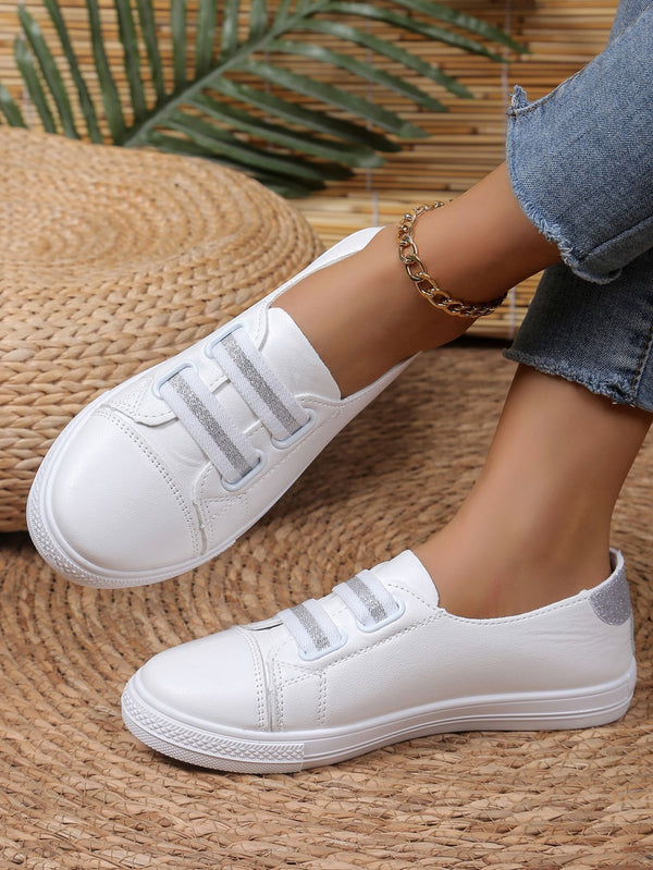Versatile White Slip-on Casual Flats with Breathable PU Upper & Rubber Sole - Comfortable Low Heel Shoes for Women.