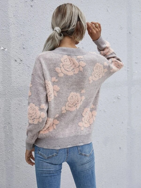 Cozy Gray Rose Pattern Loose Women's Sweater - Autumn/Winter Fashion Statement