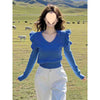 Cozy Atmosphere Ruffled Collar Sweater in Klein Blue, Urban Chic Style, Flying Sleeves
