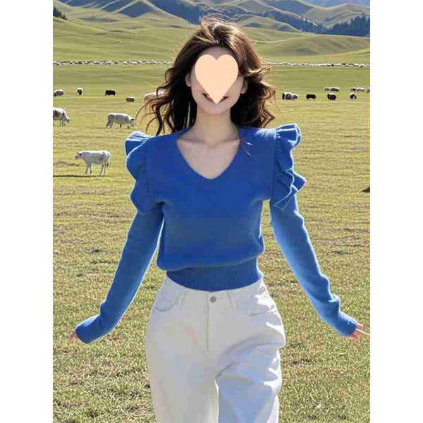 Cozy Atmosphere Ruffled Collar Sweater in Klein Blue, Urban Chic Style, Flying Sleeves