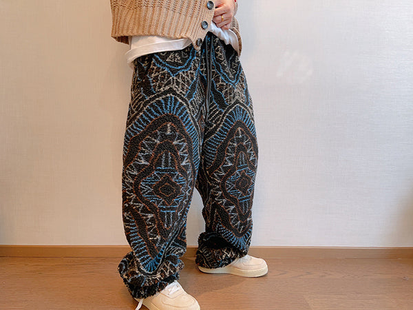 Men's Stylish Seaside Casual Loose Beach Pants in Black Flower Print - Winter Fleece-Lined Comfort & Style