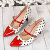 Chic Polka Dot Mary Jane Kitten Heels with heart-shaped ankle strap, perfect for vintage style and all-season wear.