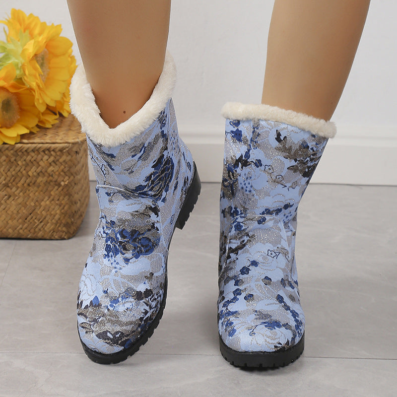 European And American Floral Plus Velvet Snow Boots Women