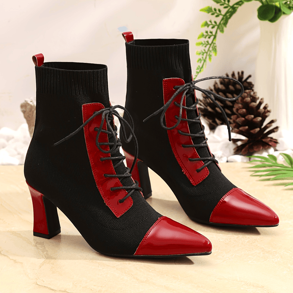 Chic black and red pointed toe lace-up booties with block heel, perfect for stylish all-season wear and comfort.