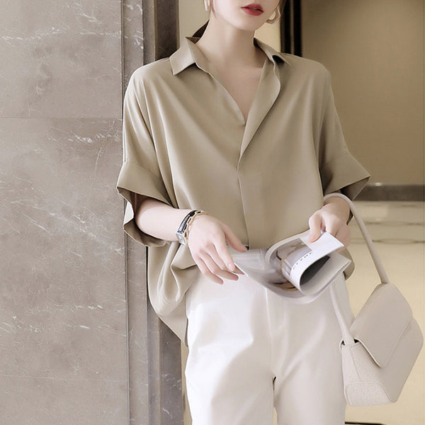 Chic Summer Batwing Sleeve Top in Black or Khaki, Casual Loose Fit Pullover - Sizes S-XXXL - Polyester - Stylish Collage/Stitching Design