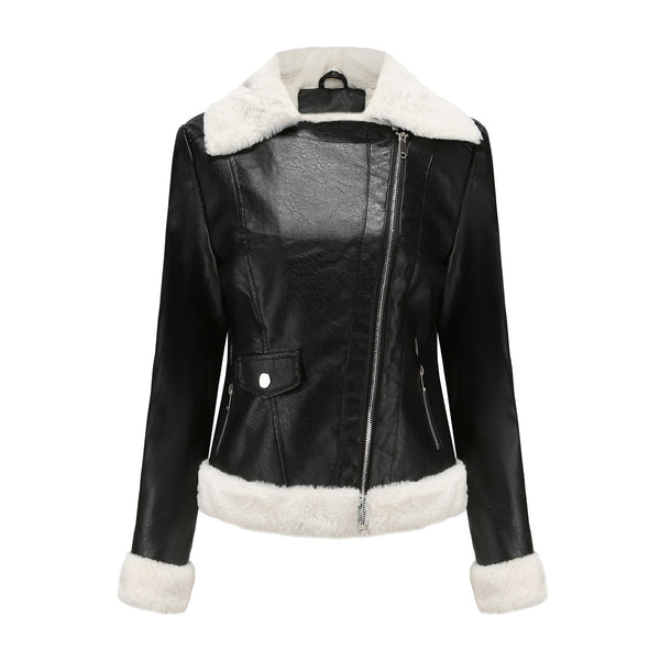 Women's Fleece Leather Jacket with Fur Collar - Trendy Colors, Large Size Range