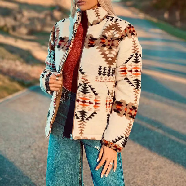 Stylish Western Geometric Print Women's Thermal Jacket in Apricot Color