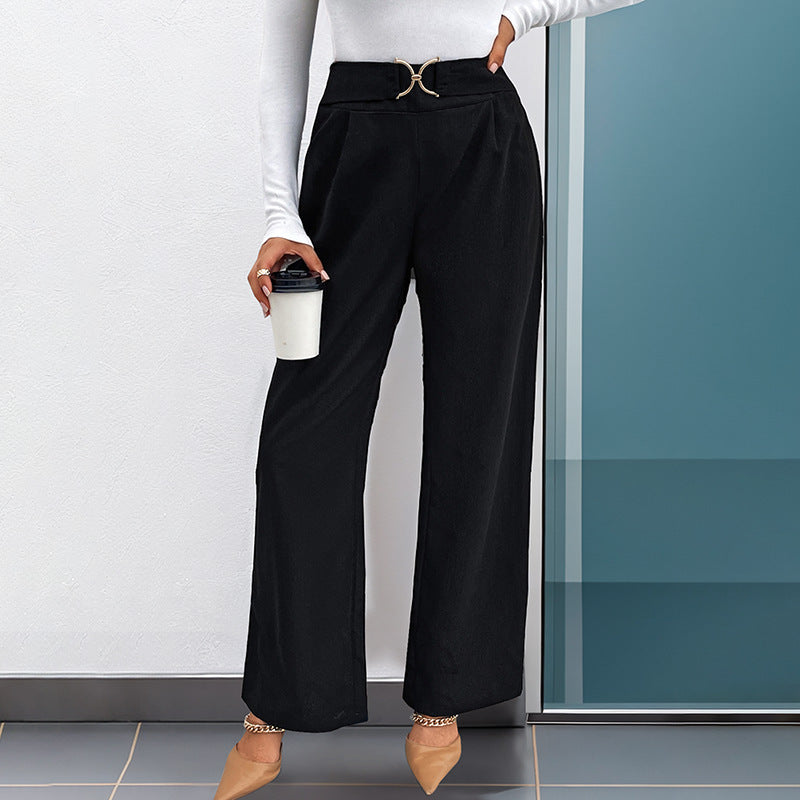 European And American Solid Color With Buckle High Waist Straight Pants