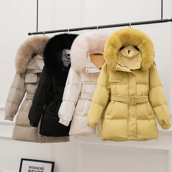 Chic Fur Collar Down Jacket with Hood in Black & Khaki - Winter Fashion for Women