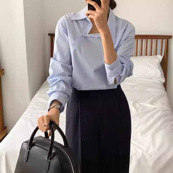 Chic Solid Color Long Sleeve Women's Leisure Shirt in Light Blue and White Casual Style Portrait.
