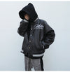 Chic Embroidered Leather Baseball Jacket in Black - Stylish Men's Outerwear with Embroidered Design & Zipper Placket