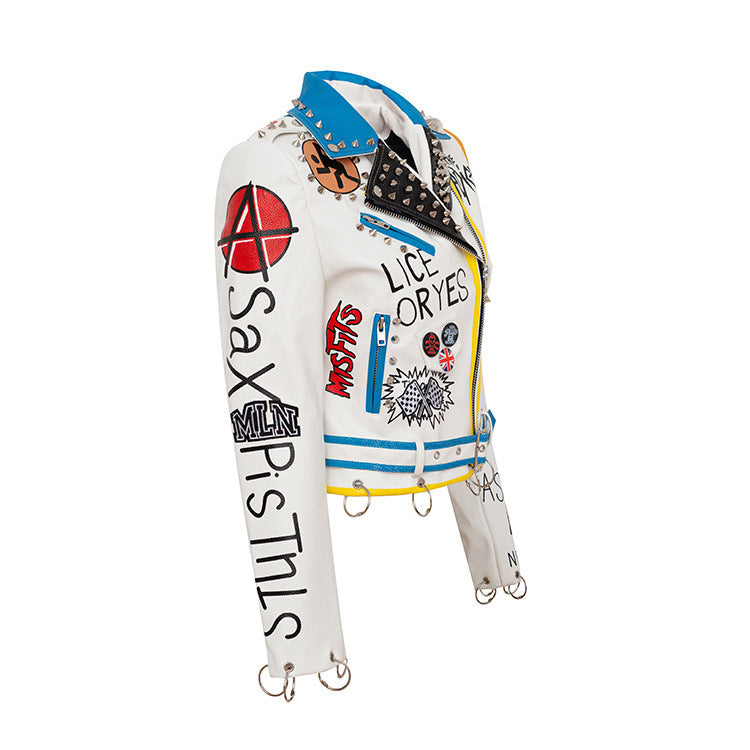 Personalized Graffiti Print Motorcycle Leather Jacket