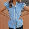 Chic Single-Row Buckle Shirt | Solid Color Top for Women - Casual Cotton Short Sleeve Top in Multiple Colors