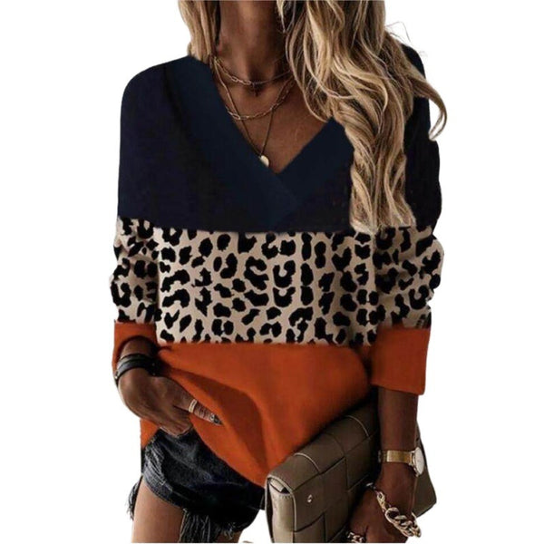 Leopard Print V-Neck Sweatshirt in Chic Style & Vibrant Hues, Slim-fit Design, Polyester Blend - Women's Fashion