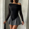 Elegant One-Shoulder Pleated Black Top for Women - Stylish Long-Sleeve Micro-Transparent Polyester Fashion (125 characters)