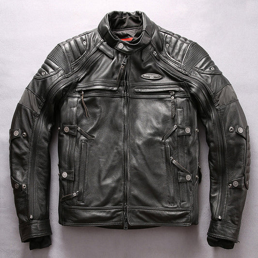 Men's Genuine Leather Stand Collar Slim Motorcycle Suit