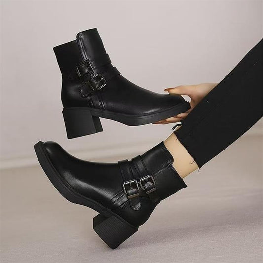 Black Belt Buckle Round Toe Mid Heel Short Boots For Women