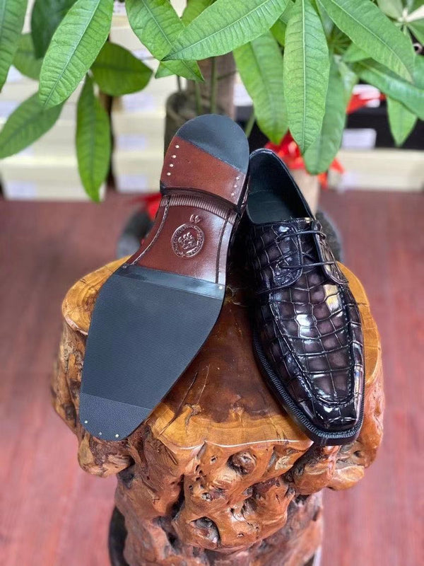Luxurious Crocodile Skin Leather Shoes - Black Pointy Toe Low Tops for Men