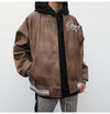 Chic Embroidered Leather Baseball Jacket in Black, Brown & Quilted - Men’s Stylish Outerwear with Baseball Collar & Zipper Placket.