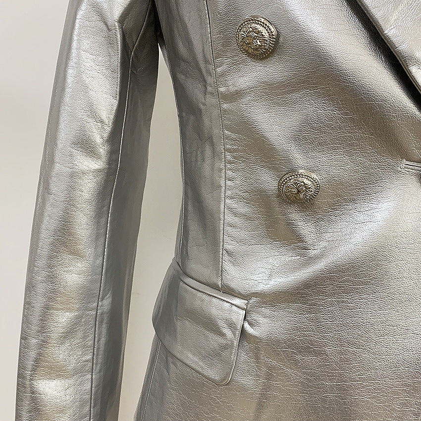 Double-breasted Shiny Silver Synthetic Leather Slim Suit Jacket