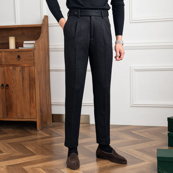 Retro-style black wool blend casual pants for versatile, comfy wear