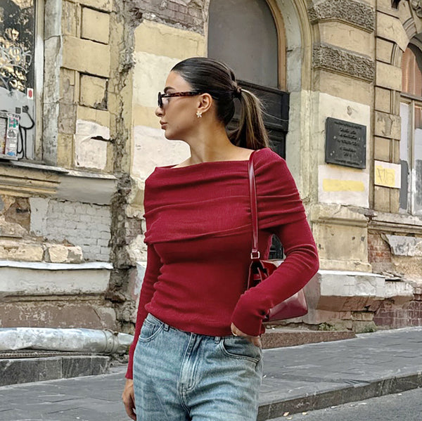 Burgundy Knitted Long-Sleeve Top, Polyester, Pullover Design