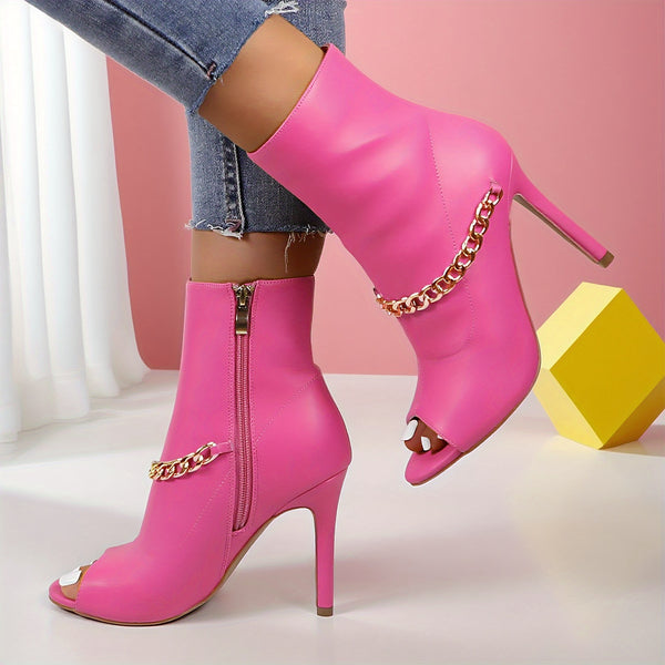 Glossy pink stiletto pumps with back zipper, stylish ankle boots for parties and formal events, slip-resistant sole.