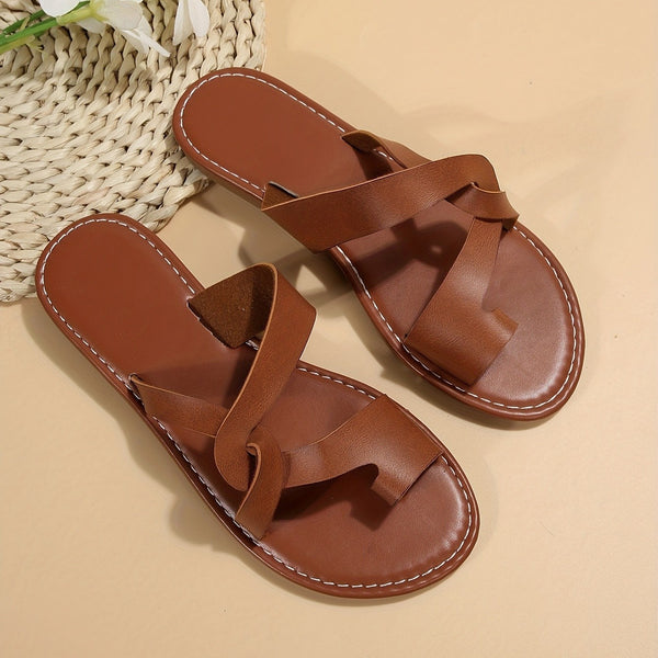 Stylish Women's Leather Sandals in Dark Brown - European & American Design, Breathable & Lightweight PU Sole.