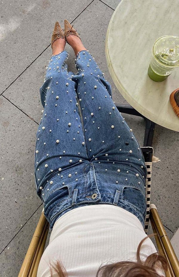 Beaded Cross-Waist Straight-Leg Blue Jeans with Frayed Hem