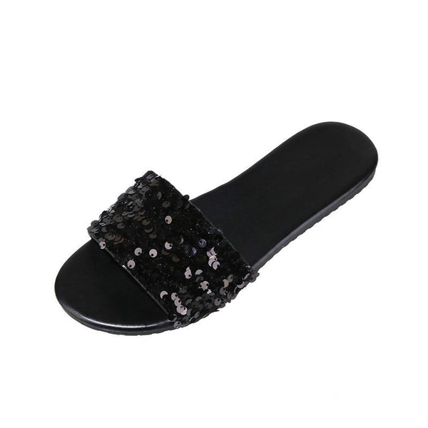 Glamorous Sequined Flat Slippers in Synthetic Leather for Women - Lightweight & Stylish Plus Size Footwear