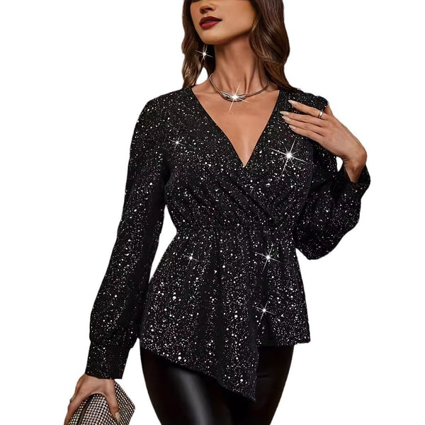 Elegant V-Neck Long Sleeve Top for Women in Black - Slim Fit Pullover crafted with Premium Polyester Fabric - Available in Wine Red.