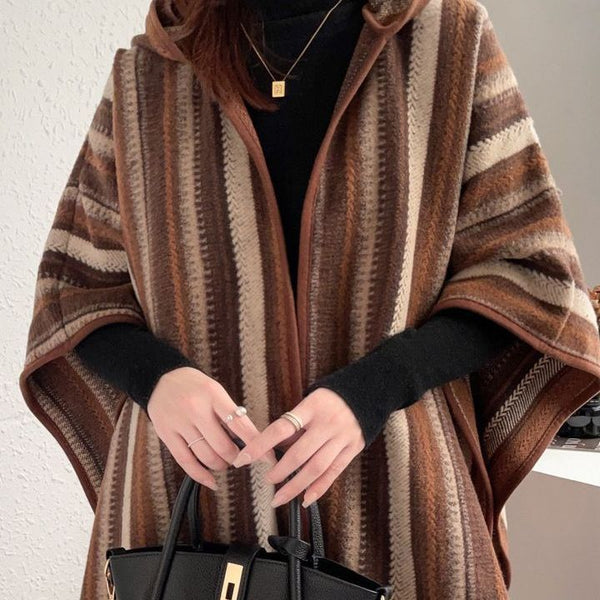 Winter Warmth Ethnic Hooded Shawl Cape in Grey - Striped Woolen Shawl for Fall & Winter