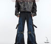 Vintage High-Waist Denim Trousers with Metal Buckle and Lace-Up Design, Distressed Blue Denim, All Sizes, Trendy Pants