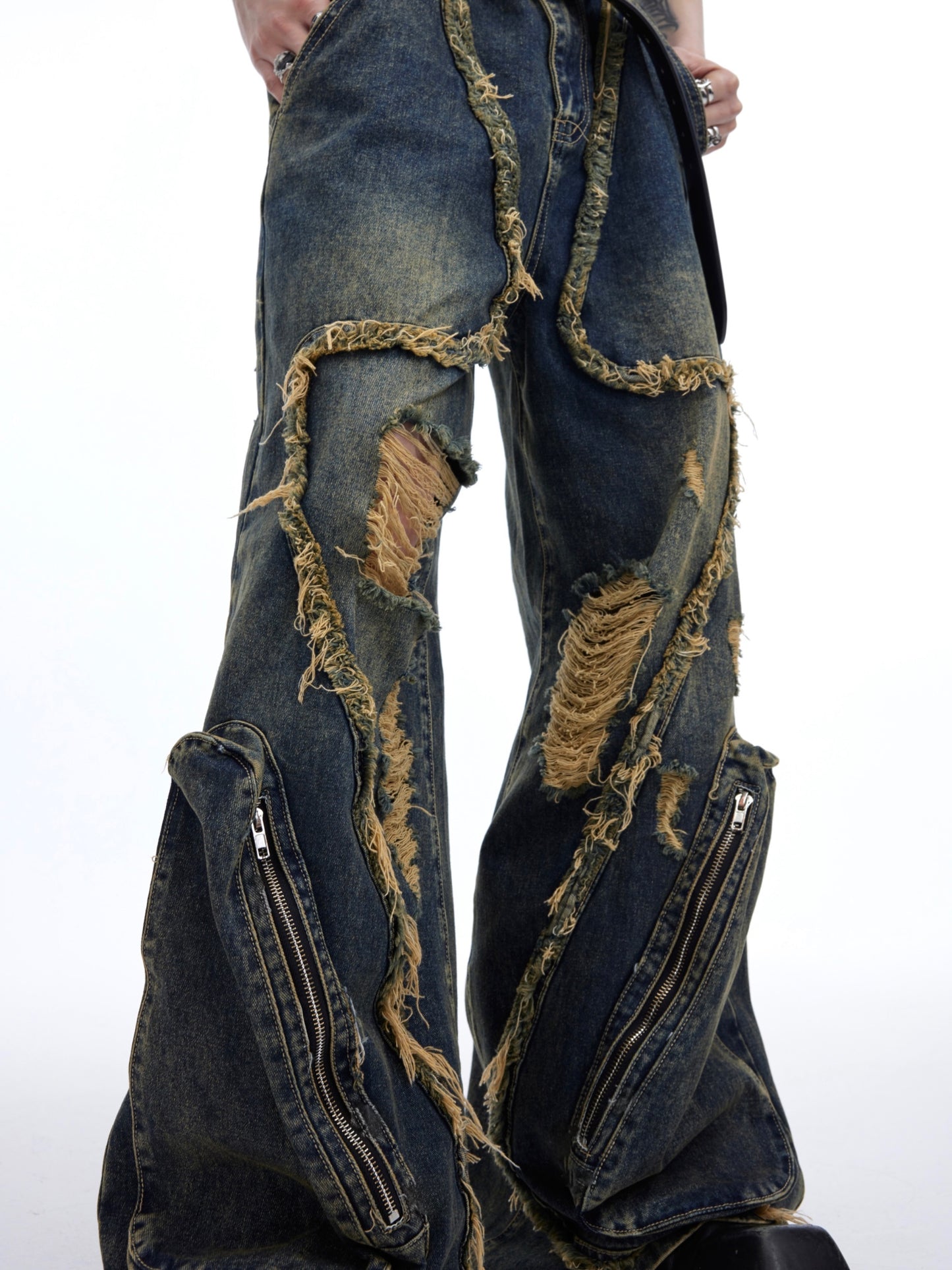 Retro Distressed Heavy Niche Deconstruction Tasseled Jeans