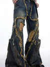 Vintage-Style Distressed Straight-Leg Jeans with Tassel Detail in Black and Blue.