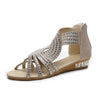 Elegant Rhinestone Open Toe Wedge Sandals in Black, Beige, and Gold with Cross Designs and Back Zipper - Women's Size 36-43.